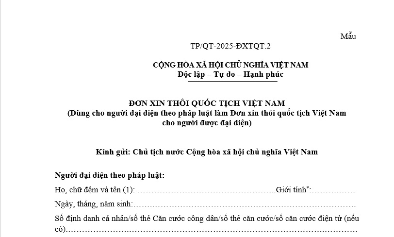 Đơn xin thôi quốc tịch Việt Nam dùng cho người đại diện theo pháp luật làm đơn cho người được đại diện
