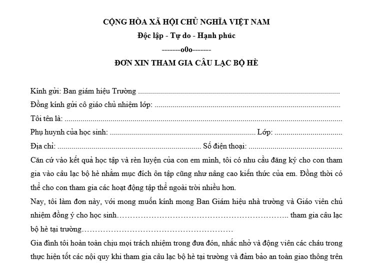Đơn xin tham gia câu lạc bộ hè