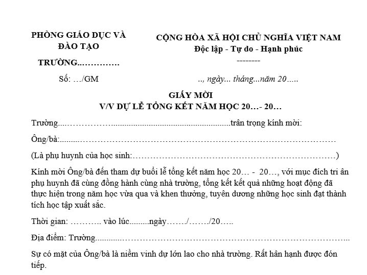 Giấy mời phụ huynh dự lễ  tổng kết cuối năm