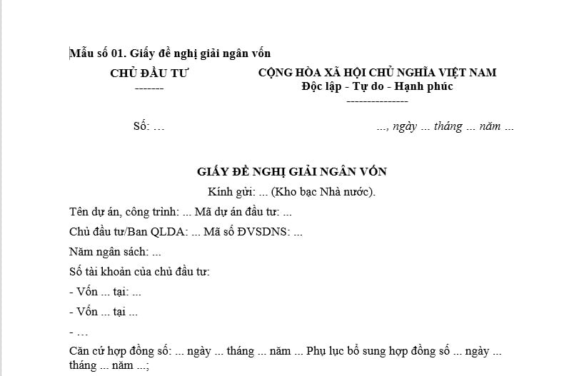 Mẫu giấy đề nghị giải ngân vốn đầu tư