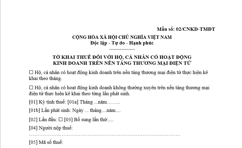 Mẫu Tờ khai thuế đối với cá nhân có hoạt động kinh doanh trên nền tảng thương mại điện tử