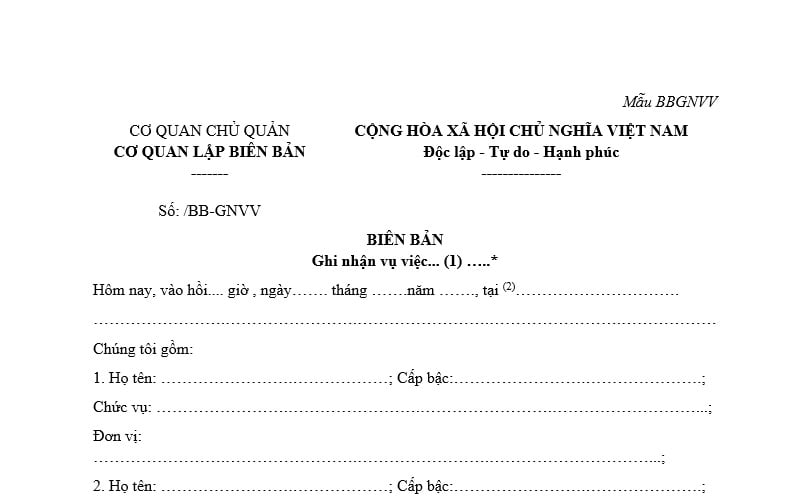 Mẫu Biên bản ghi nhận vụ việc trong xử lý vi phạm hành chính thuộc phạm vi quản lý của Bộ Quốc phòng