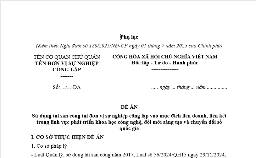 Mẫu Đề án sử dụng tài sản công tại đơn vị sự nghiệp công lập vào mục đích liên doanh, liên kết trong phát triển khoa học công nghệ