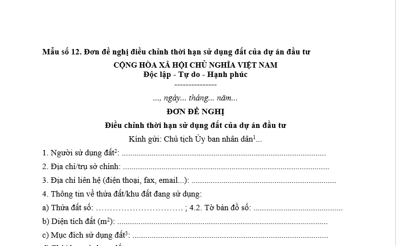 Mẫu Đơn đề nghị điều chỉnh thời hạn sử dụng đất của dự án đầu tư theo Nghị định 151