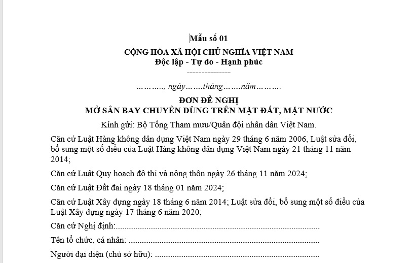 Mẫu đơn đề nghị mở sân bay chuyên dùng trên mặt đất, mặt nước là mẫu nào theo Nghị định 101? Tải về mẫu đơn?