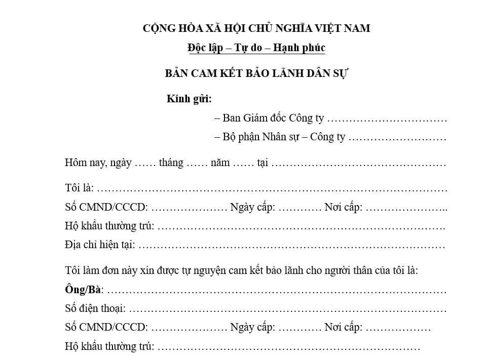 Mẫu giấy cam kết bảo lãnh dân sự