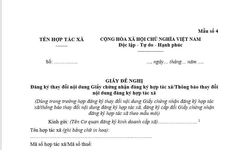 Mẫu Giấy đề nghị đăng ký thay đổi nội dung Giấy chứng nhận đăng ký hợp tác xã/Thông báo thay đổi nội dung đăng ký hợp tác xã