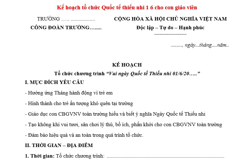 Mẫu kế hoạch tổ chức quốc tế thiếu nhi 1 6