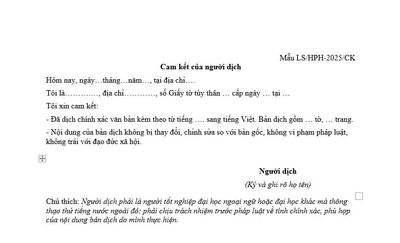 Mẫu cam kết của người dịch