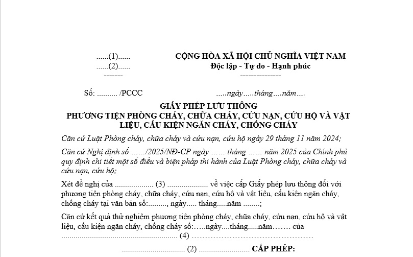 Mẫu số PC21 Giấy phép lưu thông phương tiện PCCC, cứu nạn, cứu hộ và vật liệu, cấu kiện ngăn cháy, chống cháy