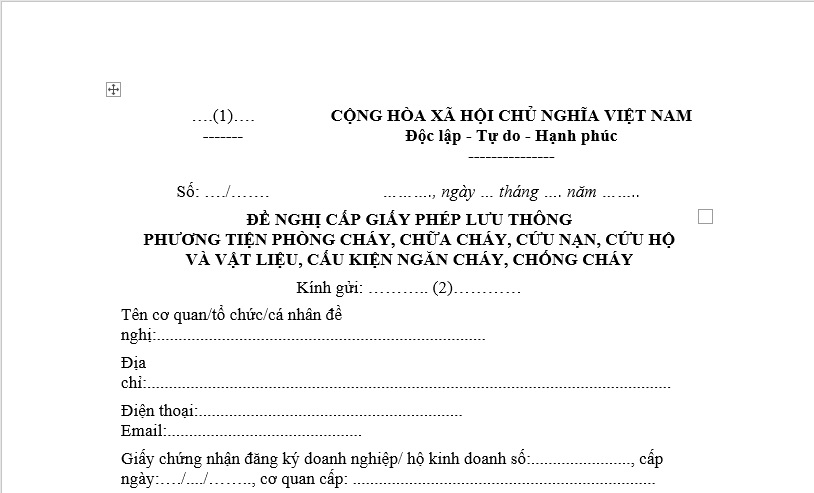 Tải về Mẫu đề nghị cấp giấy phép lưu thông phương tiện PCCC, cứu nạn, cứu hộ và vật liệu, cấu kiện ngăn cháy, chống cháy?