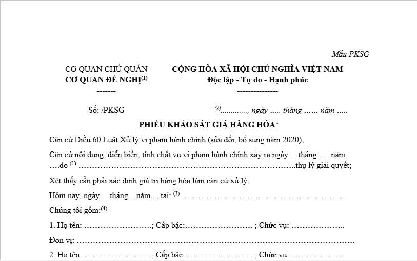 Phiếu khảo sát giá hàng hóa