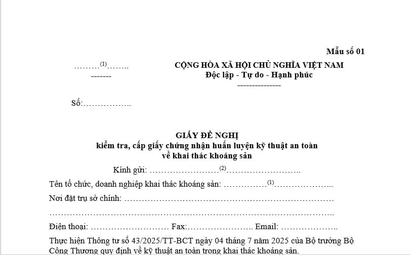 Mẫu giấy đề nghị kiểm tra, cấp giấy chứng nhận huấn luyện kỹ thuật an toàn về khai thác khoáng sản
