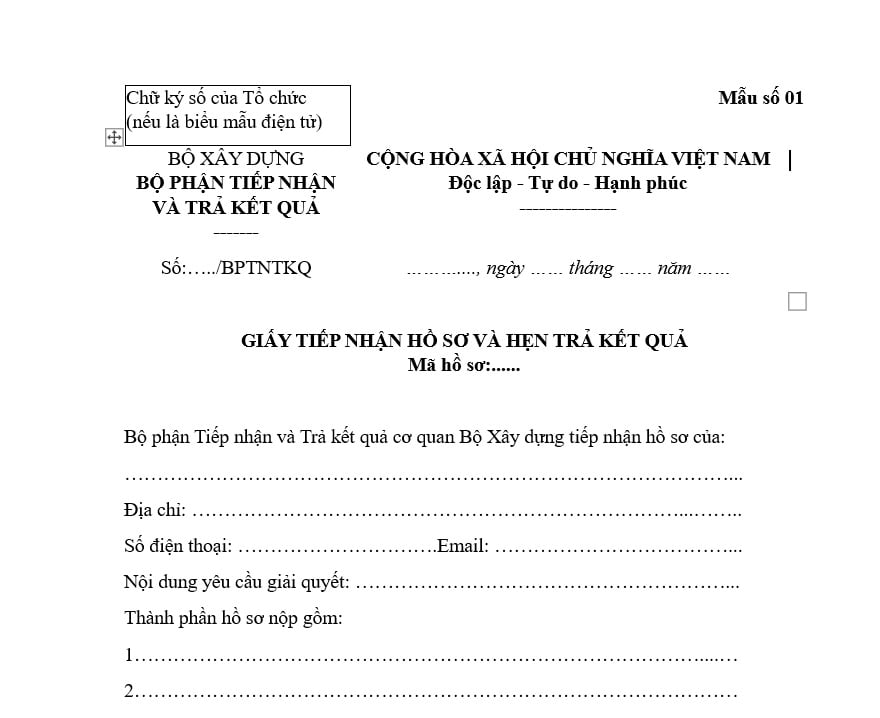 Mẫu giấy tiếp nhận hồ sơ và hẹn trả kết quả của Bộ phận Một cửa Cơ quan Bộ Xây dựng? Nguyên tắc tổ chức, hoạt động?