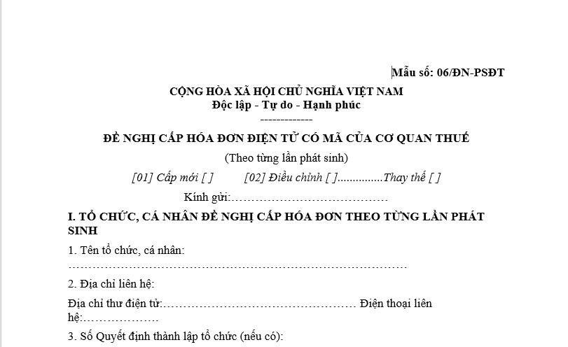Mẫu đơn đề nghị cấp hóa đơn điện tử có mã của cơ quan thuế theo từng lần phát sinh 