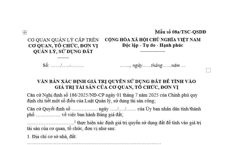 Mẫu văn bản xác định giá trị quyền sử dụng đất để tính vào giá trị tài sản của cơ quan, tổ chức, đơn vị