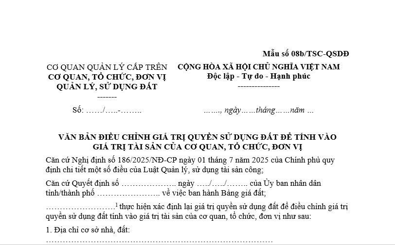 Mẫu Văn bản điều chỉnh giá trị quyền sử dụng đất để tính vào giá trị tài sản của cơ quan, tổ chức, đơn vị