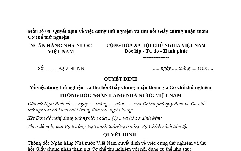 Mẫu Quyết định dừng thử nghiệm và thu hồi Giấy chứng nhận tham gia Cơ chế thử nghiệm trong lĩnh vực ngân hàng