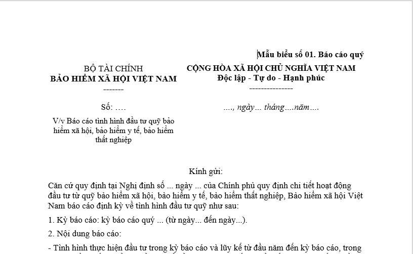Mẫu Báo cáo quý về việc báo cáo tình hình đầu tư quỹ bảo hiểm xã hội, bảo hiểm y tế, bảo hiểm thất nghiệp