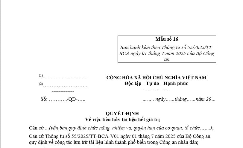 Mẫu quyết định về việc tiêu hủy tài liệu hết giá trị trong hoạt động lưu trữ của Công an nhân dân