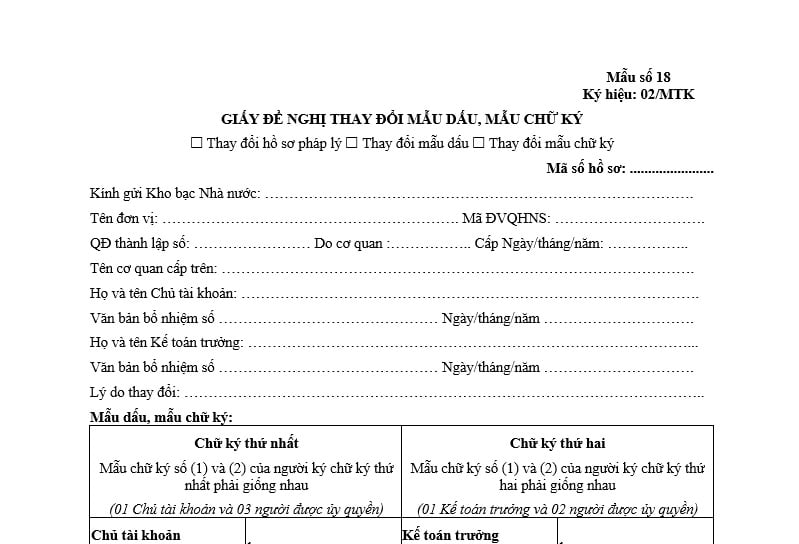 Mẫu giấy đề nghị thay đổi mẫu dấu, mẫu chữ ký tại Kho bạc nhà nước? Trình tự thay đổi mẫu dấu, mẫu chữ ký?