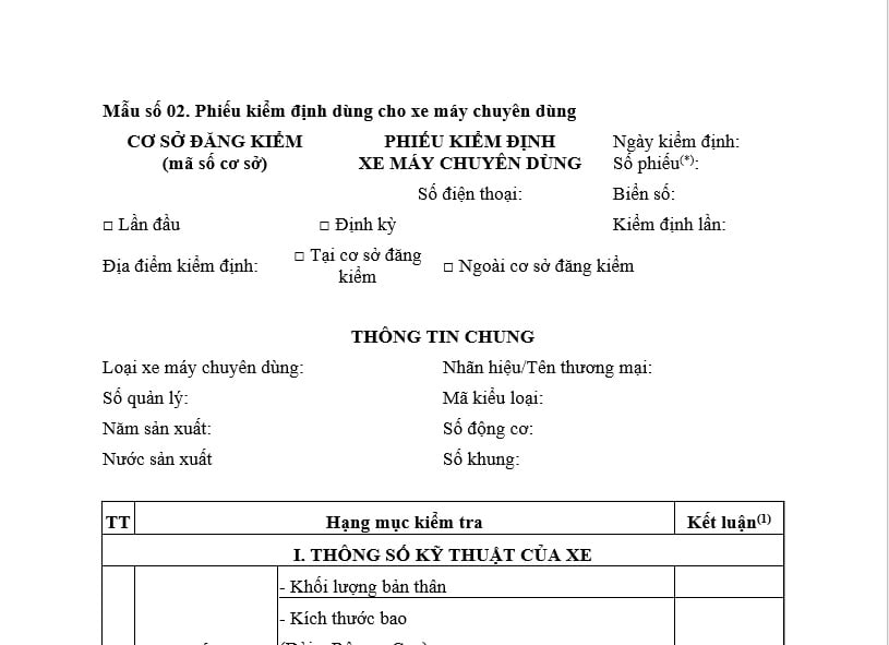 Mẫu Phiếu lập hồ sơ phương tiện xe máy chuyên dùng