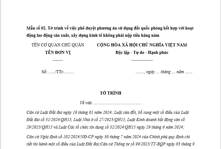 Mẫu Tờ trình về việc phê duyệt phương án sử dụng đất quốc phòng kết hợp với hoạt động lao động sản xuất, xây dựng kinh tế không phải nộp tiền hằng năm