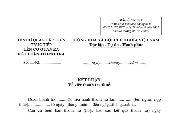 Mẫu kết luận thanh tra thuế