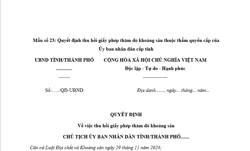 Mẫu Quyết định thu hồi giấy phép thăm dò khoáng sản thuộc thẩm quyền cấp của Ủy ban nhân dân cấp tỉnh