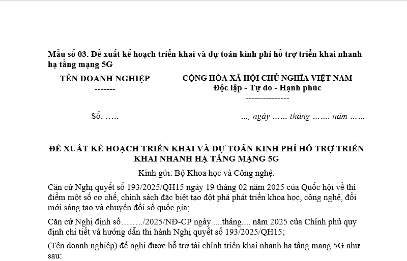 Mẫu Đề nghị công nhận kết quả triển khai nhanh hạ tầng mạng 5G đủ điều kiện được hỗ trợ tài chính