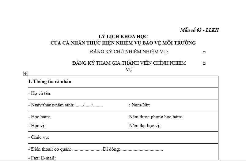 Mẫu lý lịch khoa học
