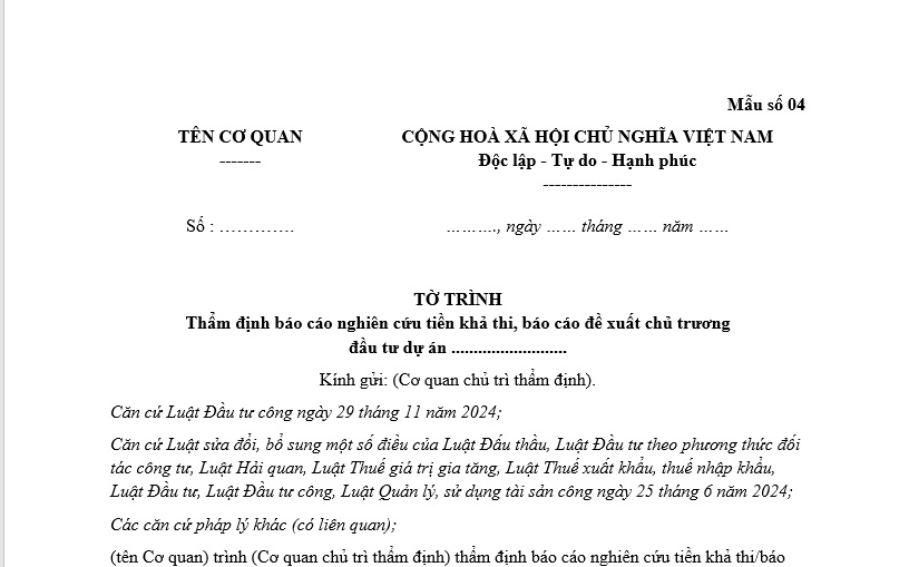 Tờ trình thẩm định báo cáo nghiên cứu tiền khả thi, báo cáo đề xuất chủ trương đầu tư dự án