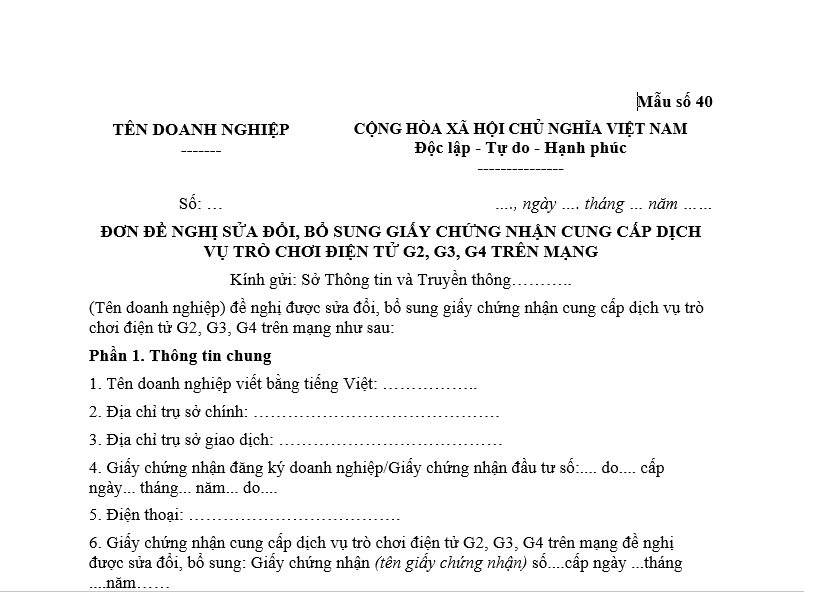 Đơn đề nghị sửa đổi, bổ sung Giấy chứng nhận cung cấp dịch vụ trò chơi điện tử G2, G3, G4 trên mạng?