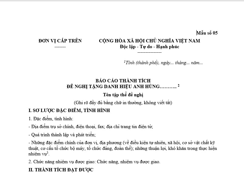 Mẫu báo cáo thành tích đề nghị tặng danh hiệu Anh hùng cho tập thể có thành tích đặc biết xuất sắc trong công tác