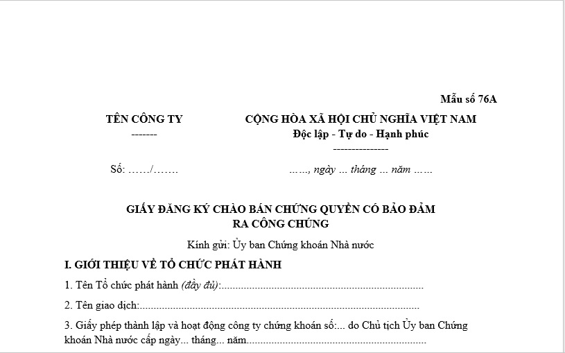 Mẫu giấy đăng ký chào bán chứng quyền có bảo đảm