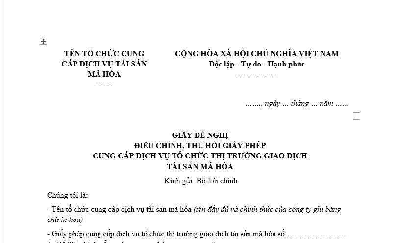 Mẫu Giấy đề nghị điều chỉnh, thu hồi giấy phép cung cấp dịch vụ tổ chức thị trường giao dịch tài sản mã hóa