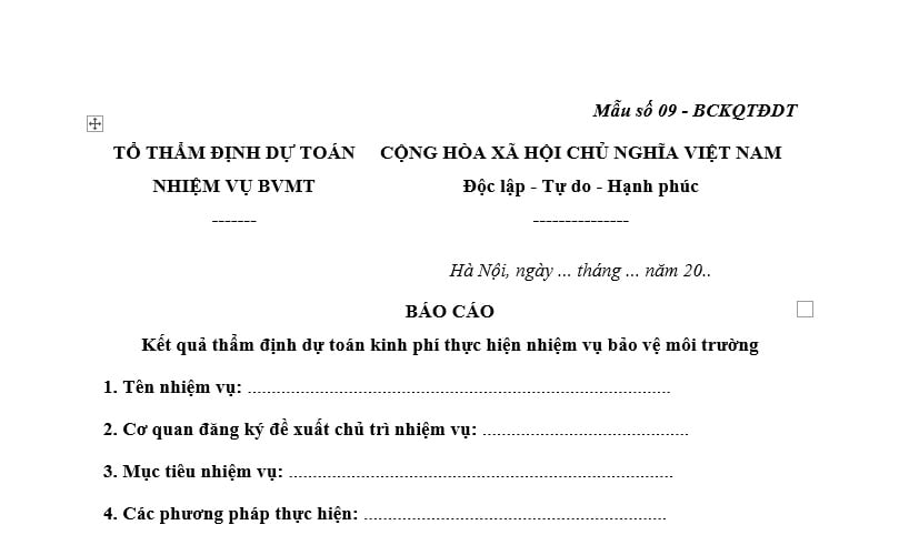 Mẫu báo cáo kết quả thẩm định dự toán kinh phí thực hiện nhiệm vụ bảo vệ môi trường