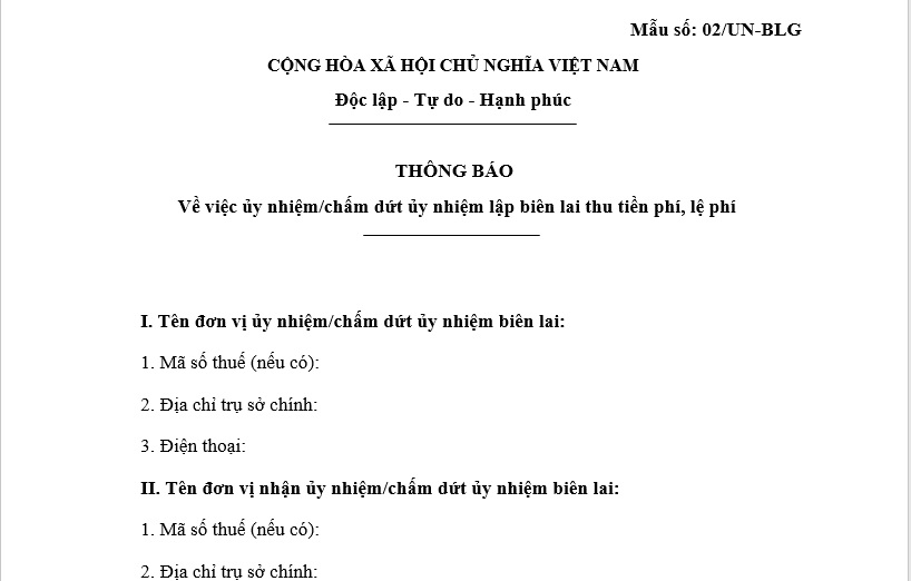 Mẫu thông báo về việc ủy nhiệm chấm dứt ủy nhiệm lập biên lai thu tiền phí, lệ phí theo Nghị định 70
