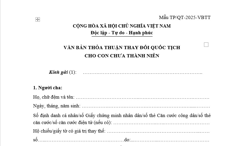 Mẫu Văn bản thỏa thuận thay đổi quốc tịch cho con chưa thành niên