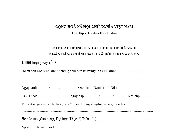 Mẫu tờ khai thông tin tại thời điểm đề nghị ngân hàng chính sách xã hội cho vay vốn theo Quyết định 29