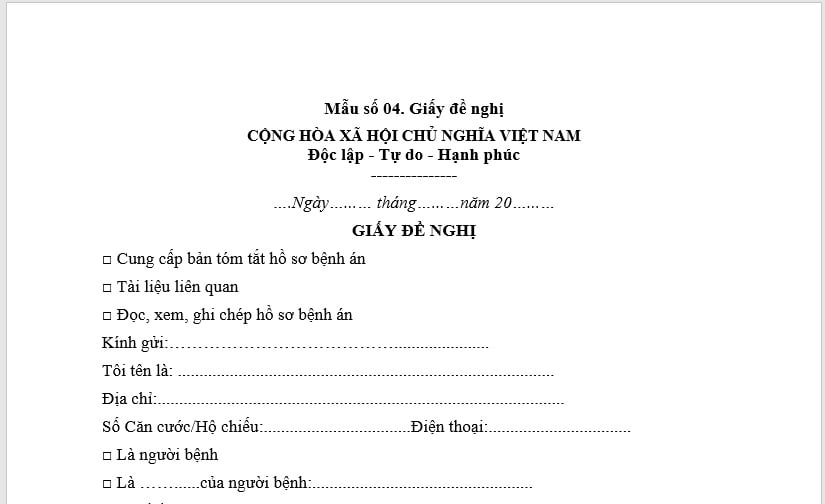 Tải về mẫu giấy đề nghị cấp bản tóm tắt hồ sơ bệnh án