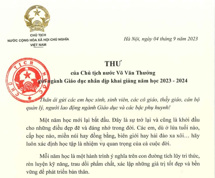 Thư của Chủ tịch nước Võ Văn Thưởng gửi ngành Giáo dục nhân dịp Khai giảng năm học 2023-2034