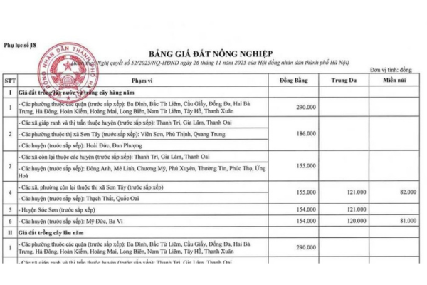 Bảng giá đất trồng lúa nước