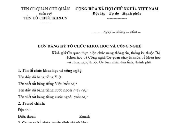 Mẫu đơn đăng ký tổ chức khoa học và công nghệ hiện nay