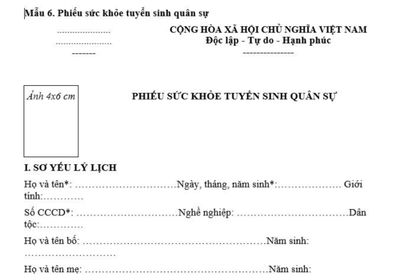 Phiếu sức khỏe tuyển sinh quân sự