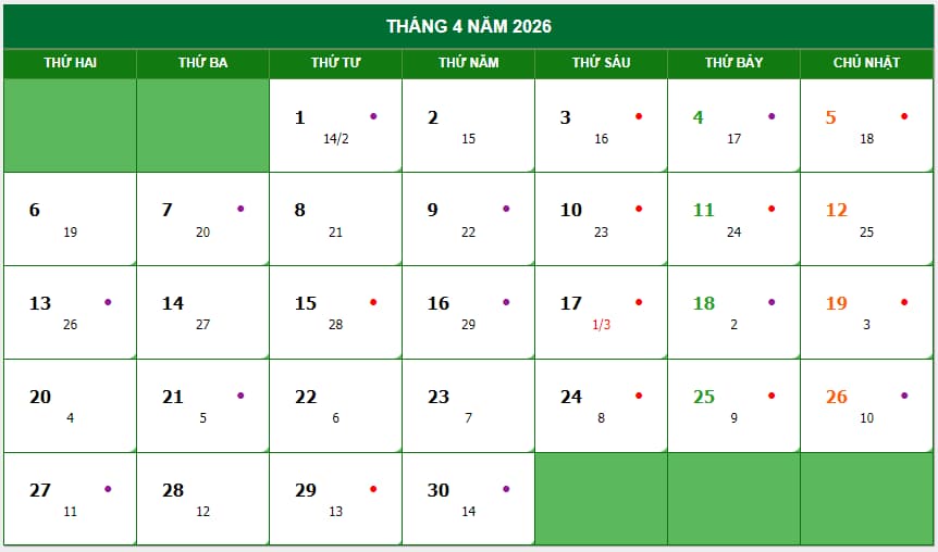lịch tháng 4/2026