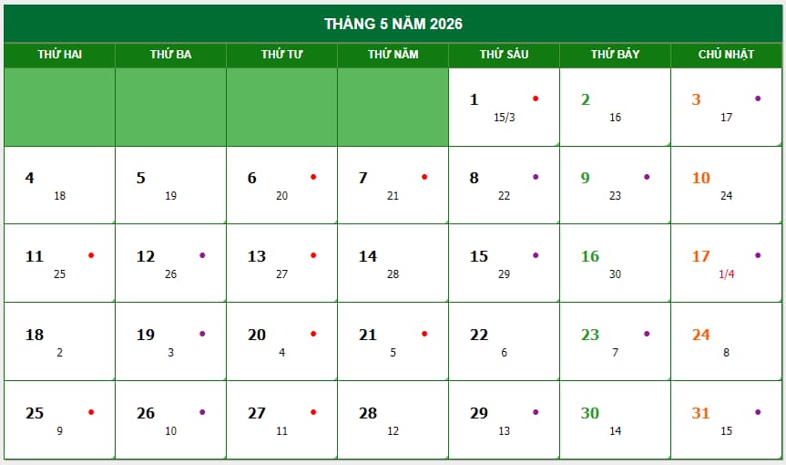lịch tháng 5/2026