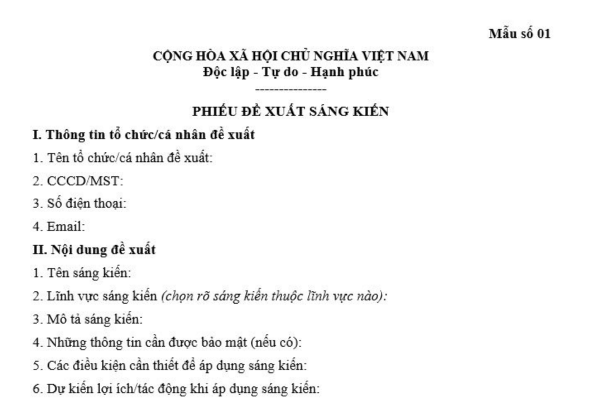 Mẫu Phiếu đề xuất sáng kiến thường
