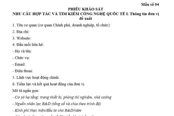 Mẫu Phiếu khảo sát nhu cầu hợp tác và tìm kiếm công nghệ quốc tế