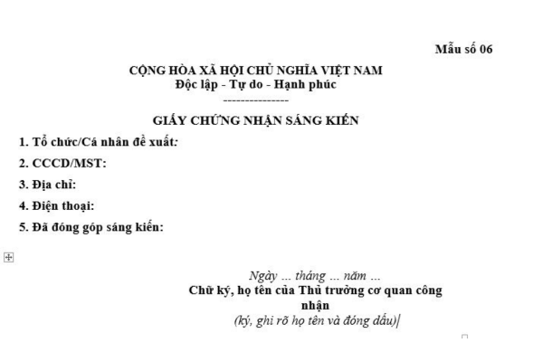 Mẫu Giấy chứng nhận sáng kiến